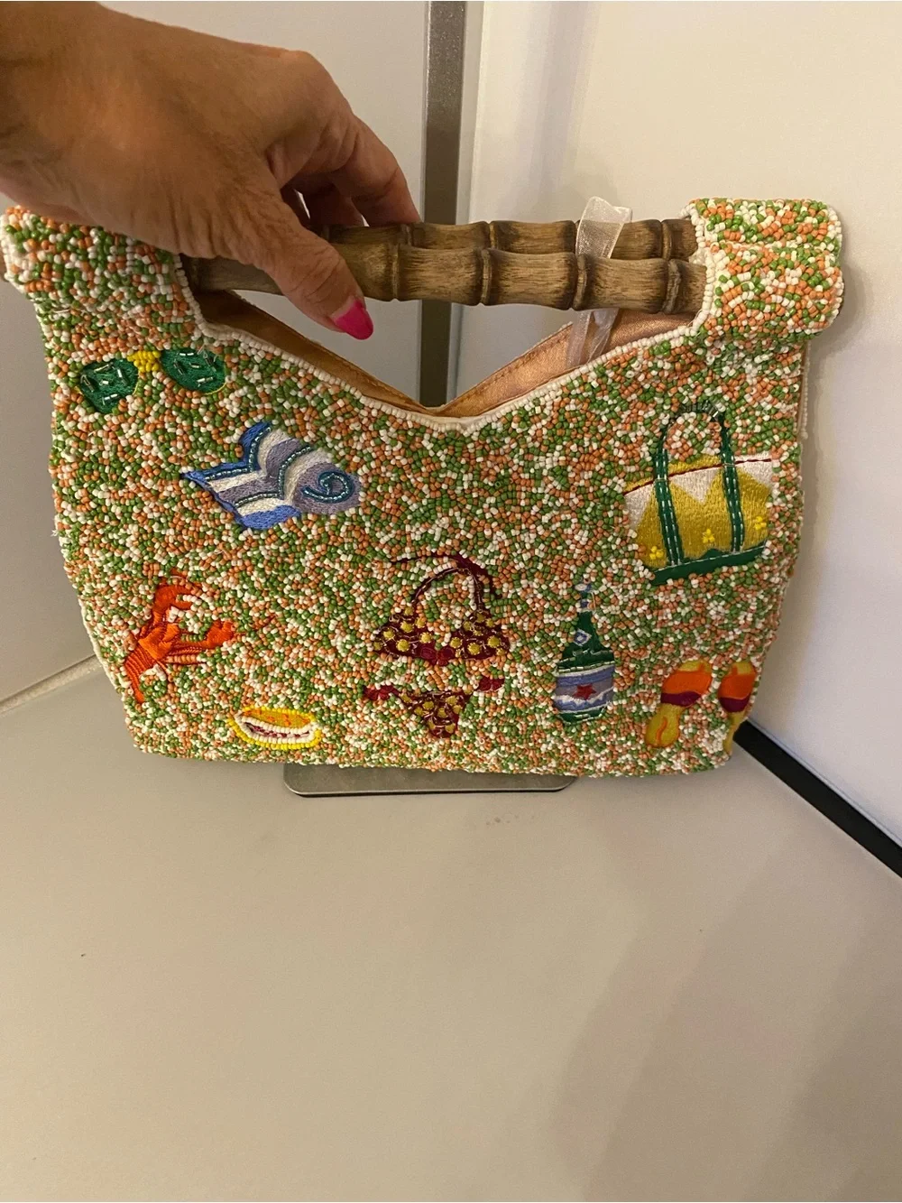 NWT Beaded Island-Vacation Summer Themed Satchel with Bamboo Handle -